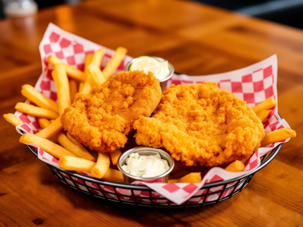 Golden fried fish basket with fries and coleslaw