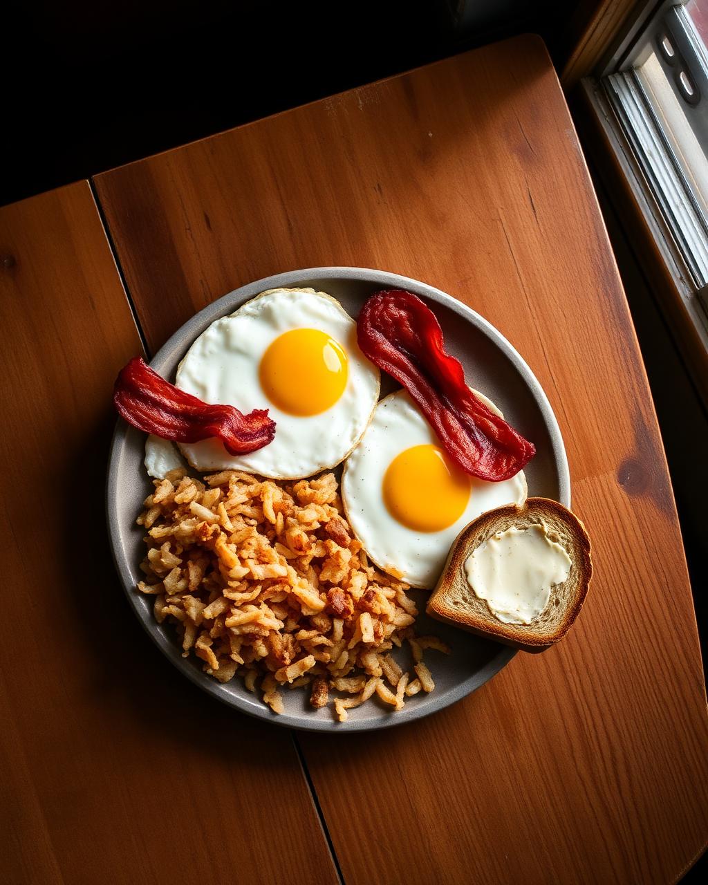 Jake's classic American breakfast: eggs, bacon, hash browns and toast
